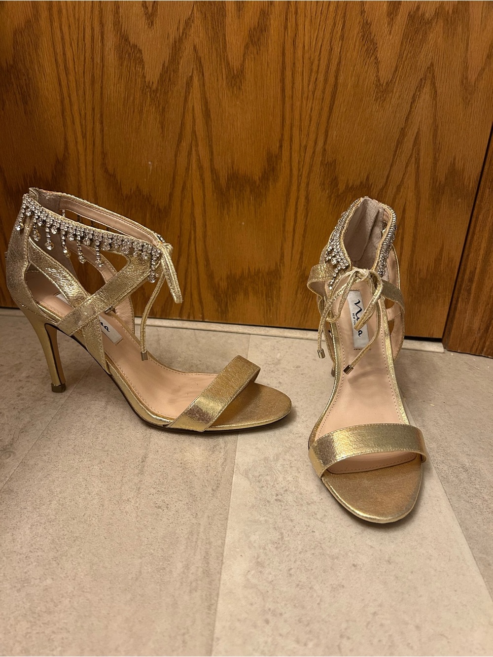 Nina Gold Strappy High Heel Sandals with Crystal Fringe